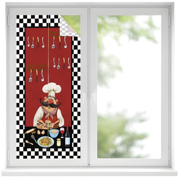 Black Rustic Chefs Window Privacy Film Cooking Food Wine Whimsical Kitchen Decorative Glass Window Film UV Blocking Static Cling Non-Adhesive Sticker Covering for Home Door 17.7 x 39.3 inches