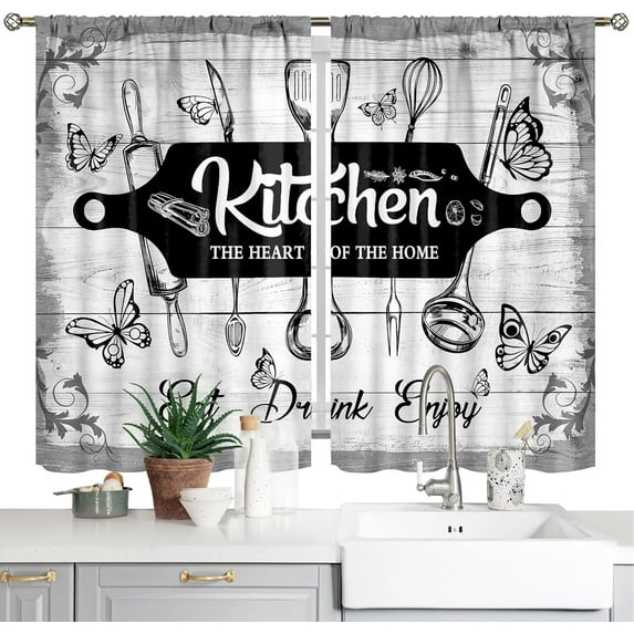 Black Rustic Kitchen Curtains Farmhouse Rod Pocket Country Short Small Barn Fork and Spoon Wooden Wood Plank Board Vintage Printed Cafe Window Curtains Drapes Treatment Fabric 2 Panels 42"x63"
