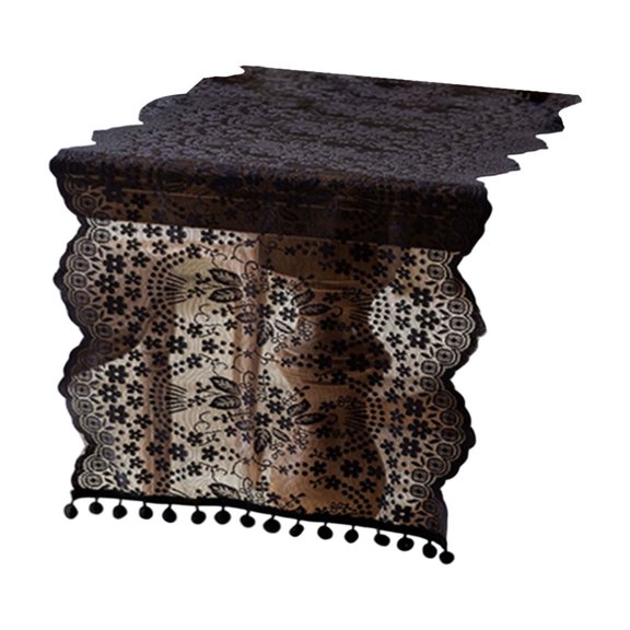 Black Rustic Lace Table Runner, Furniture Cover, Cabinet Scarf With Elegant Design, Easy Care Fabric And Versatile Use For Coffee Table, Buffet And Long Dresser 17.72X47.24In 0.17Lb