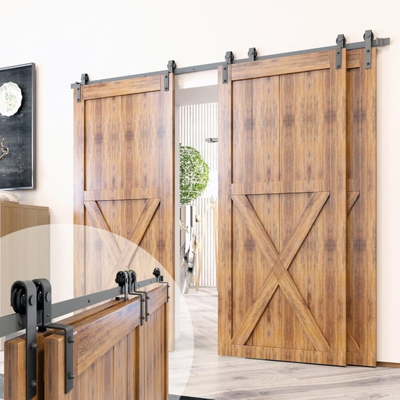 Black Rustic Single Track Bypass Sliding Barn Door Hardware Kit, for Three Doors, 5.5ft Long Flat Track, Classic Design Roller, (1 Flat+2 Bent Roller Set)