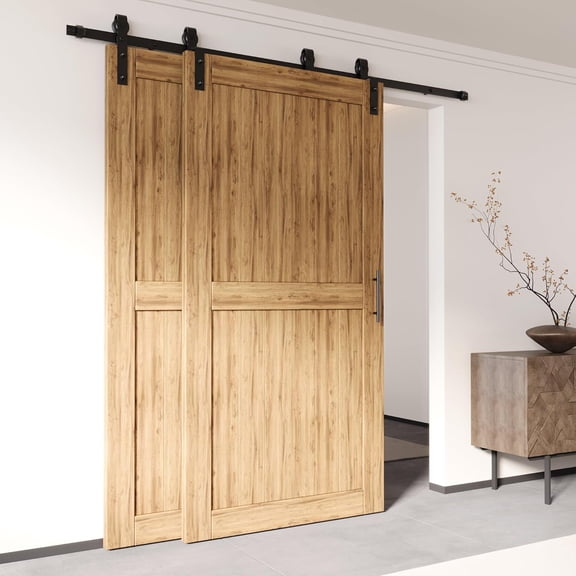 Black Rustic Single Track Bypass Sliding Barn Door Hardware Kit, for Two/Double Doors, 15ft Long Flat Track, Classic Design Roller,