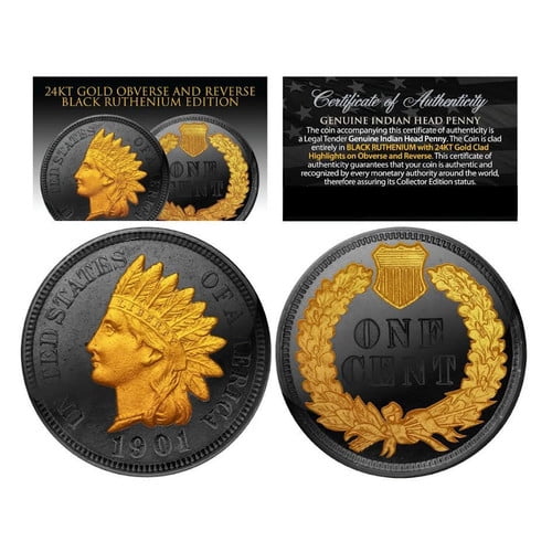 Black Ruthenium Plated Indian Head Cent w/ 24k Gold Clad Highlights