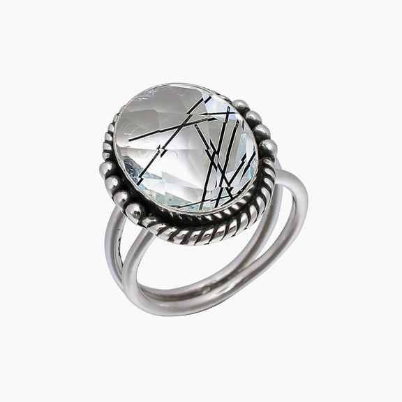 Black Rutilated Quartz 925 Sterling Silver Ring, Adjustable Ring, Silver Jewelry Ring, Black & White Ring, Oval Ring, Dainty Ring, Handmade Ring, Gems
