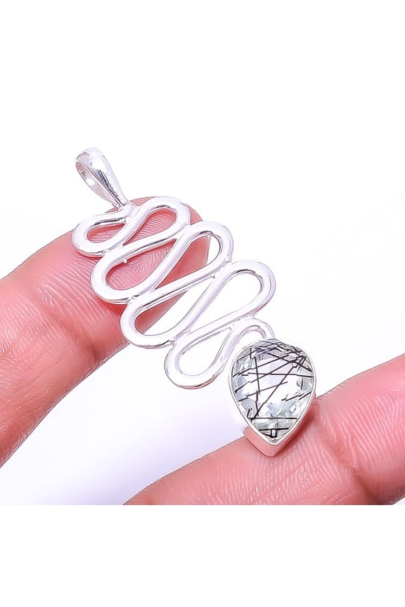 Black Rutilated Quartz 925 Sterling Silver Snake Pendant 1.95" P_9292_173_62