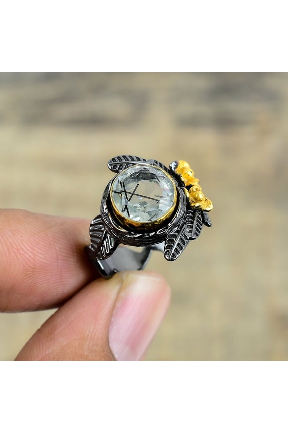 Black Rutilated Quartz Black And Gold Plated 925 Sterling Silver Ring S.8 R8734, Christmas Gift