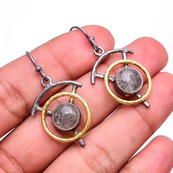 Black Rutilated Quartz - Brazil 925 Silver Black & Gold Plated Earring 1.64" E30, Valentine's Day Gift, Birthday Gift, Beautiful Jewelry For Woman