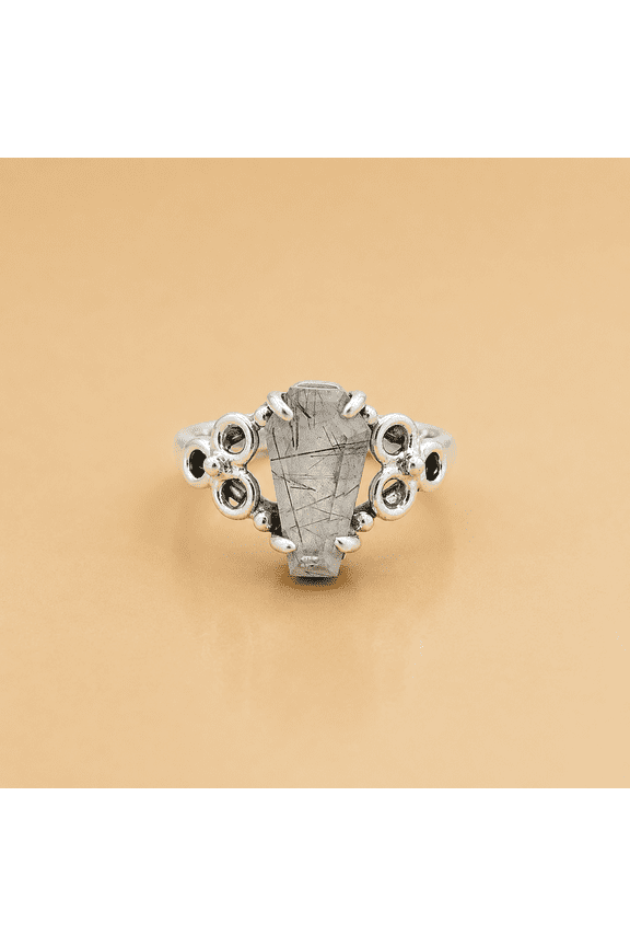 Black Rutilated Quartz Coffin Ring in 925 Sterling Silver, Gothic Crystal Ring, Handmade Statement Jewelry