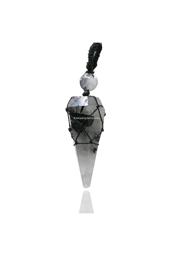 Black Rutilated Quartz Crystal Stone Holder Necklace Pendulum, Unique Women Men Necklace (Black Macrame)