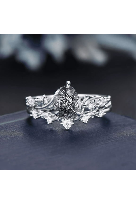 Black Rutilated Quartz Engagement Ring Set- 925 Sterling Silver- Leaf Nature Inspired Black Crystal Ring