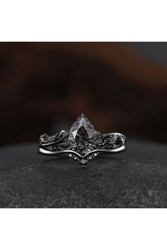Black Rutilated Quartz Engagement Ring Set- Leaf Nature Inspired Bridal Set- Gothic Black Spinel Ring