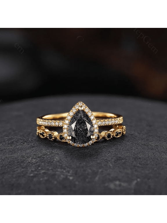 Black Rutilated Quartz Wedding Ring Set in 14K Yellow Gold Vermeil- Unique Bridal Set Black Diamond Promise Stacking Ring
