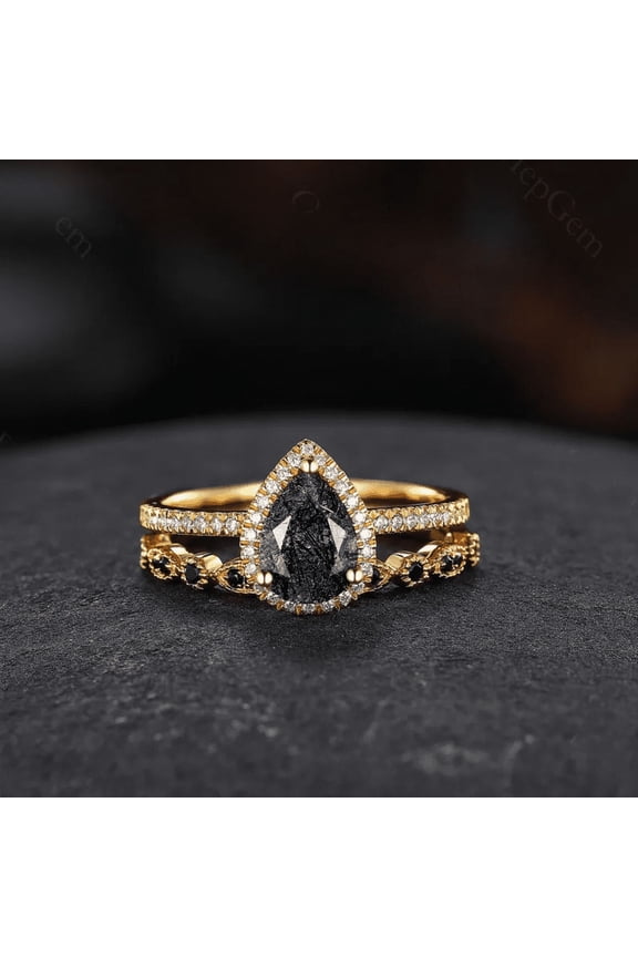 Black Rutilated Quartz Wedding Ring Set in 14K Yellow Gold Vermeil- Unique Bridal Set Black Diamond Promise Stacking Ring