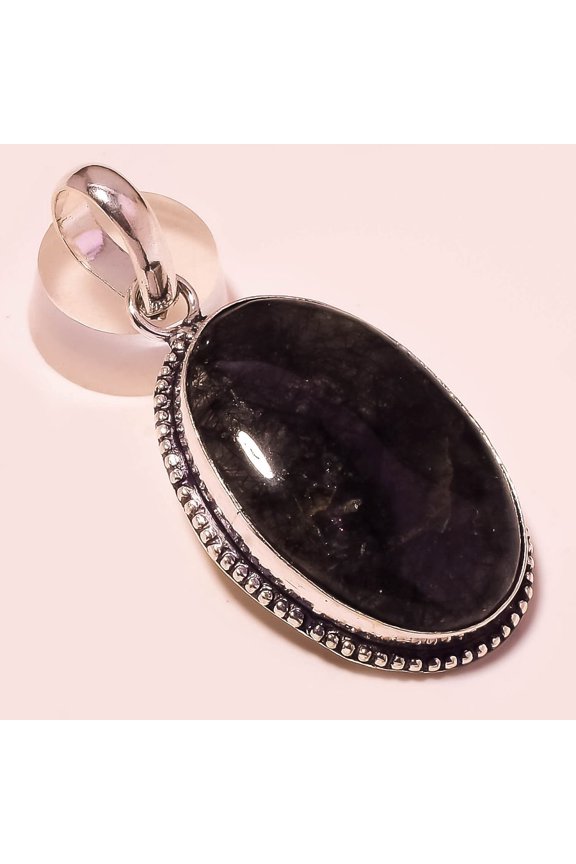 Black Rutile Gemstone Pendant Handmade Gift Antique Design Jewelry 1.9"