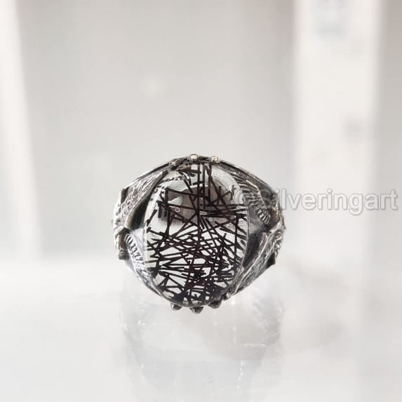 Black Rutile Mans Ring, Natural Black Rutilated Quartz, Eagle, Silver Jewelry, 925 Silver Ring, Gift, Heavy Mens Ring, Arabic Design, Ottoman Style Ring, Christmas, Turkey Mens Signet Ring