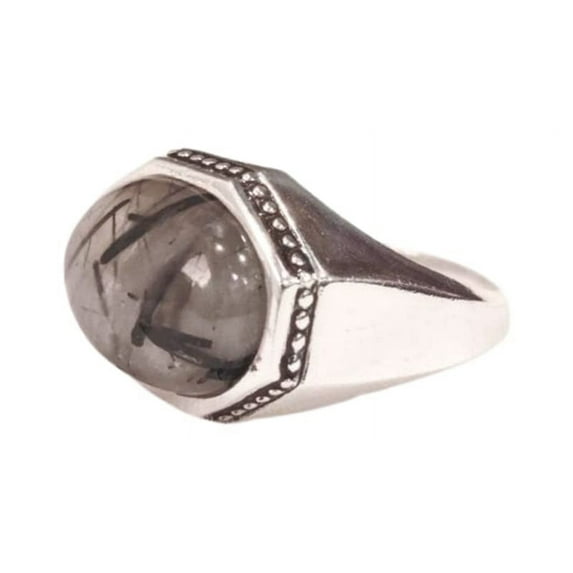 Black Rutile Mans Ring, Natural Black Rutilated Quartz, Quartz Silver Jewelry, 925 Silver Ring, Gift, Heavy Mens Ring, Arabic Design, Ottoman Style Ring, Christmas, Turkey Mens Signet Ring