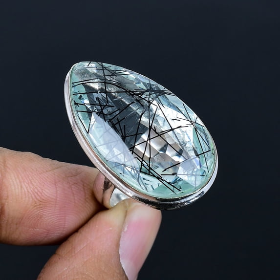 Black Rutile Pear Gemstone Handmade 925 Sterling Silver Adjustable Ring VJ 1431