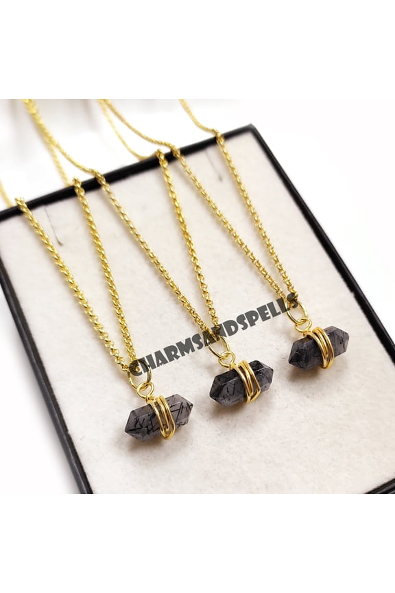 Black Rutile Pencil Necklace, 14K Gold Plated Necklace, Wire Wrapped Necklace, Double Terminated Pencil Necklace, Wedding Gifts, Gifts For Her