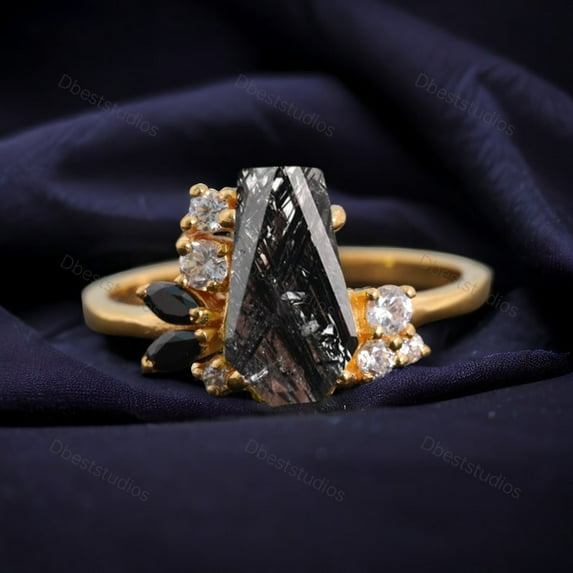 Black Rutile Quartz Anniversary Women Ring Natural Onyx Wedding Jewelry Cuffing Cut Gemstone Ring Diamond Gold Ring Birthday Gift For Love