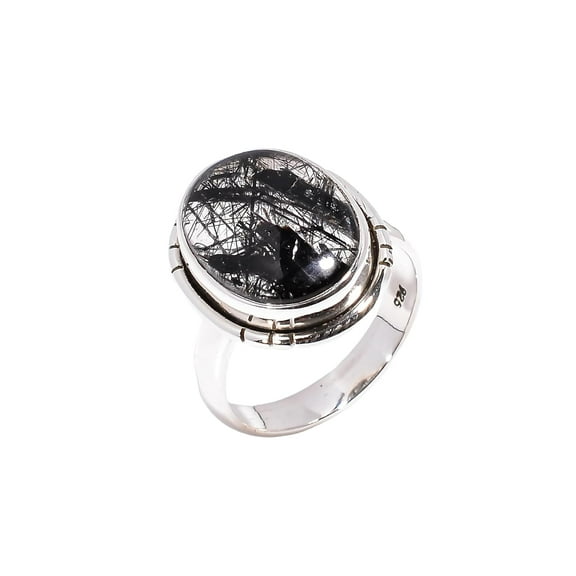 Black Rutile Quartz Gemstone 925 Sterling Silver Statement Ring for Women Gift Jewelry