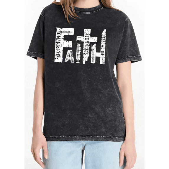 Black S-2XL Acid Washed Print Tshirt Faith Cross Graphic Tees Bible Verse Christian Shirts Inspirational Gift Tops