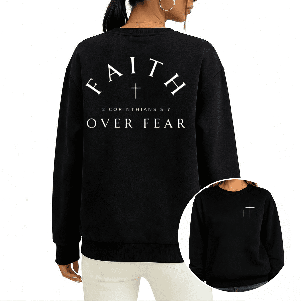 Black S-3XL Christian Faith Over Fear Print Sweatshirt Graphic ...
