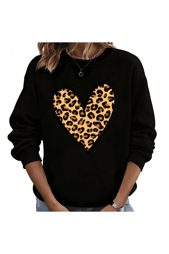 Black S 3XL Leopard Heart Print Sweatshirt Graphic Sweatshirt Cute Animal Print Women Fall Winter Casual Fashion Tops