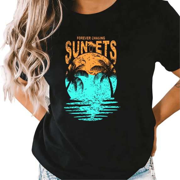 Black S-5XL Classical Sunset Ocean Palm Tree Print Tshirt Graphic Tees Shirts Beach Lover Holiday Tops