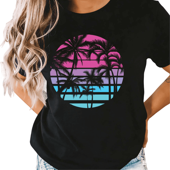 Black S-5XL Classical Tropical Palm Tree Sunset Print Tshirt Graphic Tees Shirts Hawaii Surf Holiday Tops