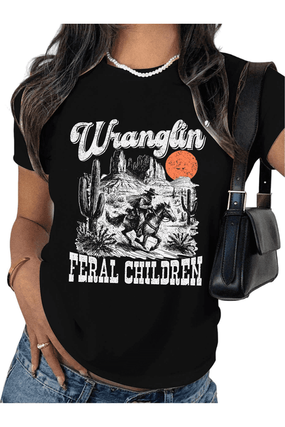 Black S-5XL Country Flea Market Ready Grunge Ink Texture Retro Bubble Font Wranglin Feral Children Print Tshirt Graphic Tees Shirts Women Casual Tops