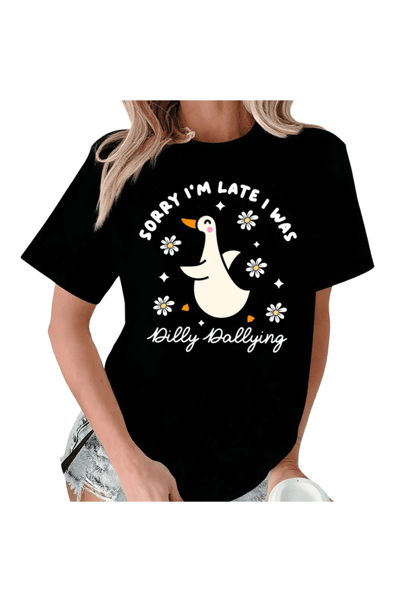 Black S-5XL Duck Print Tshirts Sorry I'm Late Vacation Graphic Tee Advanced Tops