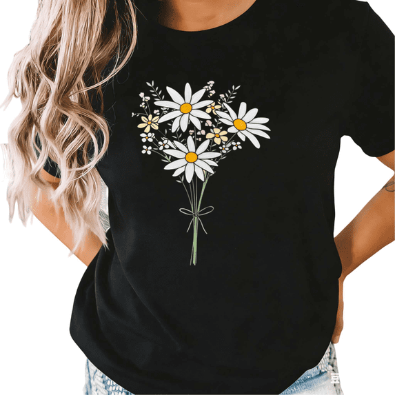 Black S-5XL Kawaii Daisy Bouquet Print Tshirt Graphic Tees Shirts Summer Floral Fashion Tops