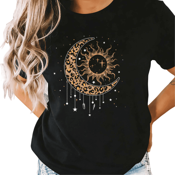 Black S-5XL Leopard Print Sun Moon Celestial Print Tshirt Graphic Tees Shirts Boho Mystical Tops
