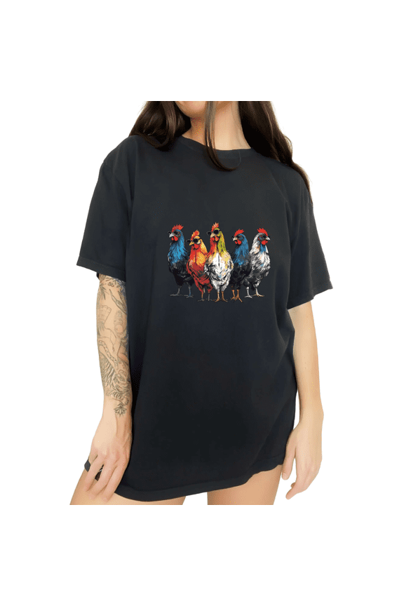 Black S-5XL Women's Cotton Graphic Tees Print Tshirt Playful Colorful Roosters Shirts Farm Style Easygoing Daily Casual Wear Tops