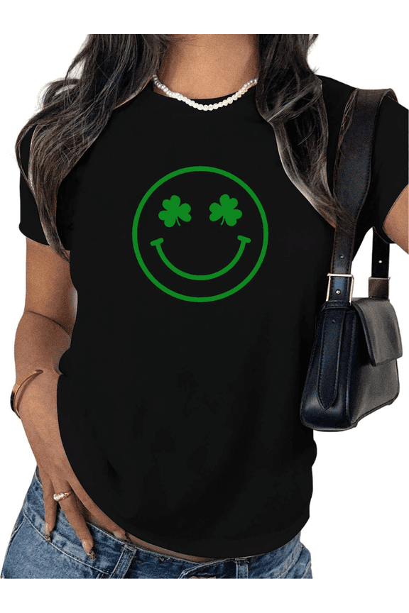 St Patricks Day Green Smiley Face Shamrock Eyes Print Tshirt Graphic Tees Black Shirts S-5XL Womens Casual Holiday Tops