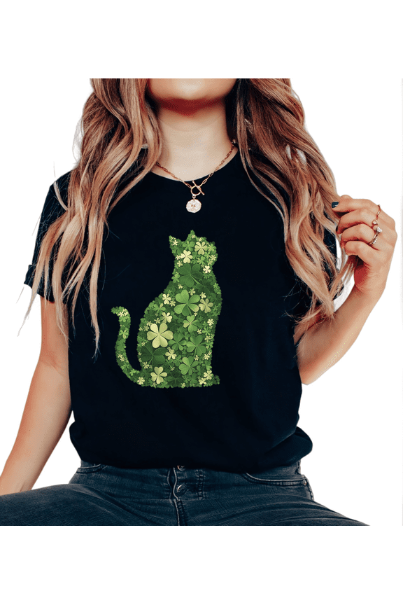Black S-5XL Elegant Clover Cat Silhouette Print Tshirt Graphic Tees Shirts St. Patrick's Day Literary Cat-Themed Café Check-in Tops