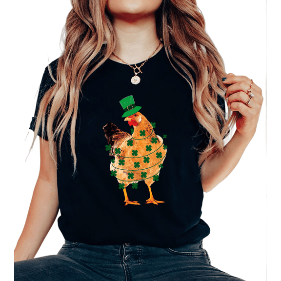 Black S-5XL Fun Festive Decor St. Patrick's Clover Decor Chicken Print Tshirt Graphic Tees Shirts St. Patrick's Day Family Baking Themed Festive Party Tops