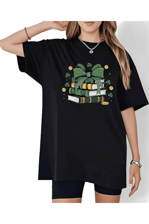 Black S-5XL&nbsp;Casual Literary Book Stack Print Tshirt Graphic Tees Shirts St. Patrick's Day Family Light Literary Reading Gathering Tops