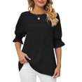 thumbnail image 1 of Black S WIZUTIZ Going Out Tops for Women Sales Plus Size Tunics Casual Tee Short Sleeve Loose Fit Round Neck Tshirts Athletic Solid Oversize Tops Cotton Linen Linen Blouse Elegant Ladies Ts, 1 of 3