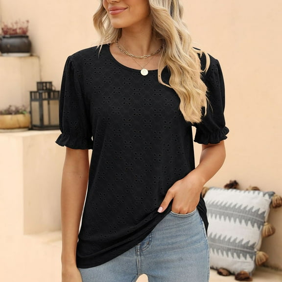 Black S WIZUTIZ Summer Tops for Women 2024 Basic Pure Colour Cozy Style Blouse Crew Neck Flowy Short Sleeve Tops Cotton Soft Ladies Loose Fit Shirts Comfy Elegant Tshirts Trendy Solid Tsh