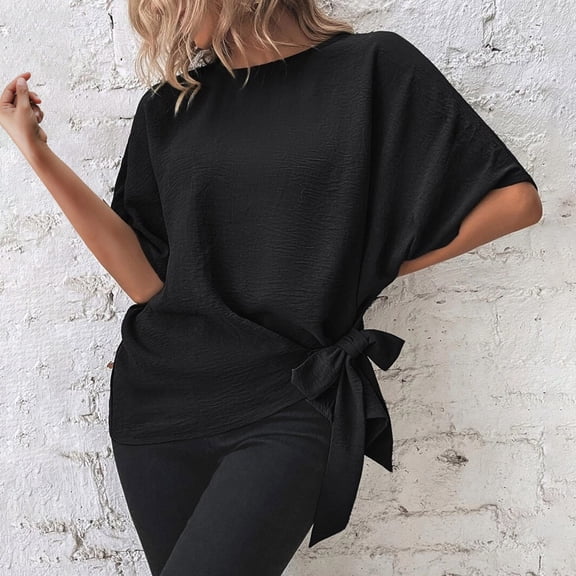 Black S WIZUTIZ Womens Blouse Holiday Saving Comfy Retro Plus Size Tshirt Ladies Holiday Beach Round Neck Blouse Breathable Solid Casual Shirts Cozy Style Summer-Beach Tee Fluffy Short Sleeve Tshirts