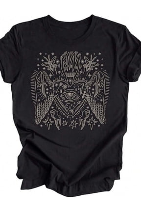 Black Sacred Heart Graphic Tee With Angel Wings Mystical Gothic Boho T-Shirt