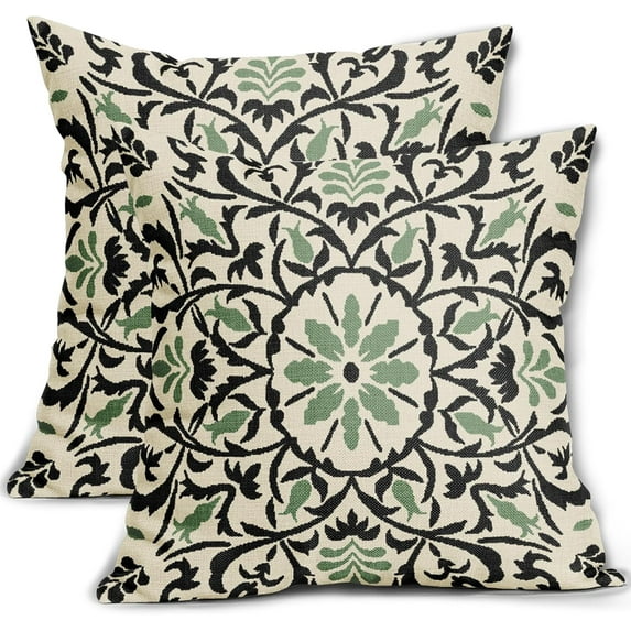 Black Sage Green Boho Pillow Covers 20 X Inch Bohemian Ethnic Carpet Style Vintage Flower Print Decorative Throw Pillows Outdoor Linen Cushion Case Farmhouse Decor Set of 2