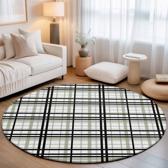 Black Sage Green Checkered Round Rug 5ft Modern Geometric Stripe Plaid Washable Area Rugs for Living Room Bedroom Entryway Non Slip Entrance Door Mat Indoor Floor Carpet