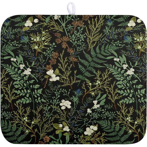 Black Sage Green Plant Dish Drying Mat for Kitchen Counter Vintage Botanic Fern Leaves Floral Dish Drainer Mats Absorbent Microfiber Dishes Pad Reusable Washable Large Dish Draining Mat 18x24 Inch