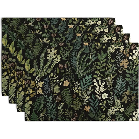 Black Sage Green Plant Placemats Set of 4 Vintage Botanic Fern Leaves Herb Floral Place Mats Rustic Farmhouse Linen Fabric Table Mats for Party Kitchen Dining Outdoor Indoor Decor
