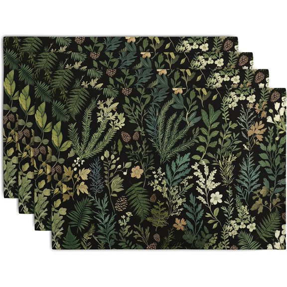 Black Sage Green Plant Placemats Set of 4 Vintage Botanic Fern Leaves Herb Floral Place Mats Rustic Farmhouse Linen Fabric Table Mats for Party Kitchen Dining Outdoor Indoor Decor