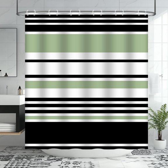 Black Sage Green Striped Shower Curtain, Horizontal Stripe Pattern, Retro Modern Minimalist Bathroom Decor 36"W x 72"H