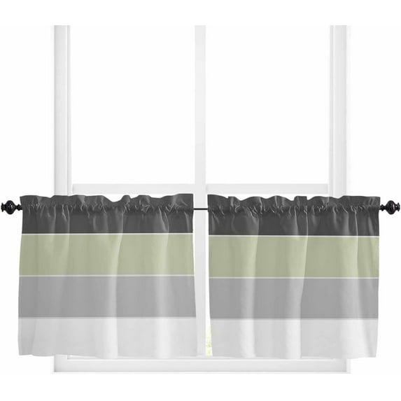 Black Sage Green Striped Window Tier Curtains 24 Inch Length, Abstract Gradient Stripes Rod Pocket Window Treatment Kitchen Drapes for Bedroom, Cafe, Living Room, 2 Panels, 27.5 W x 24 L