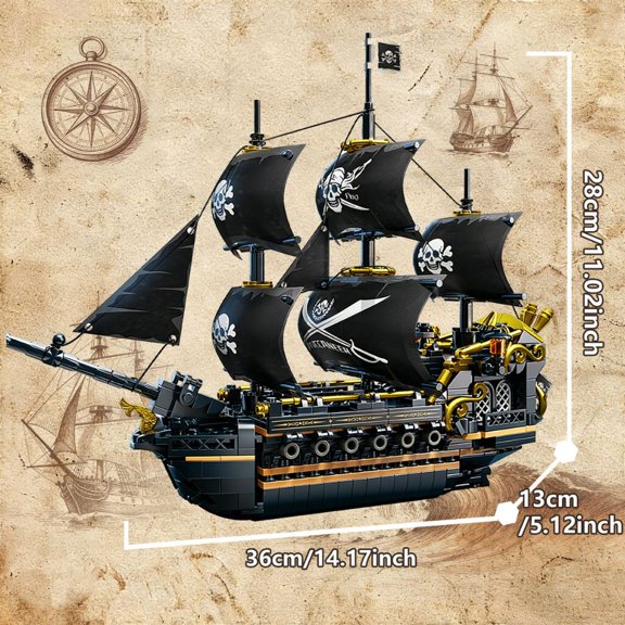 Black Sail Pirate Ship Building Blocks Set 3-Masted Vessel Sailboat Model Bricks with Double Decks Desktop Decoration Toys Gifts