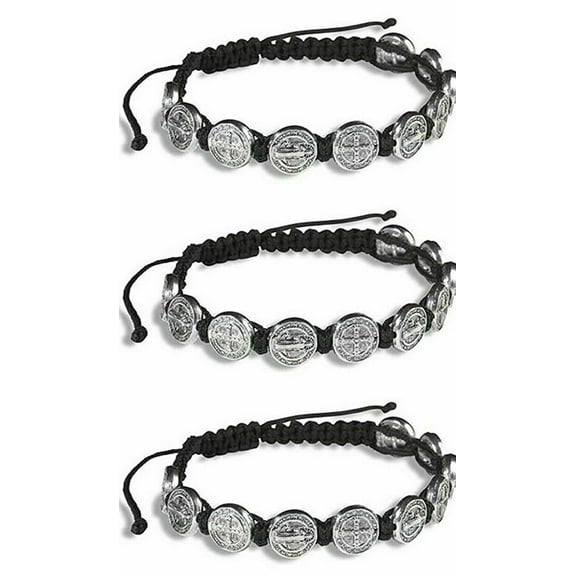 Black Saint Benedict Medal Silver Tone 8" Adjustable Cord Bracelet Pack of 3